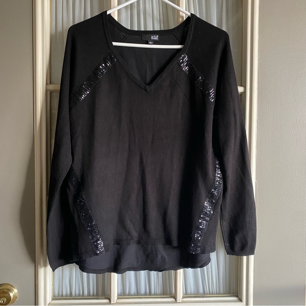 a.n.a Black Vneck m Sweater with Sequin Embroidery